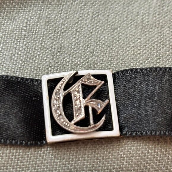 Late Victorian/Edwardian Ribbon Choker Necklace with Enamel and Diamond Initials